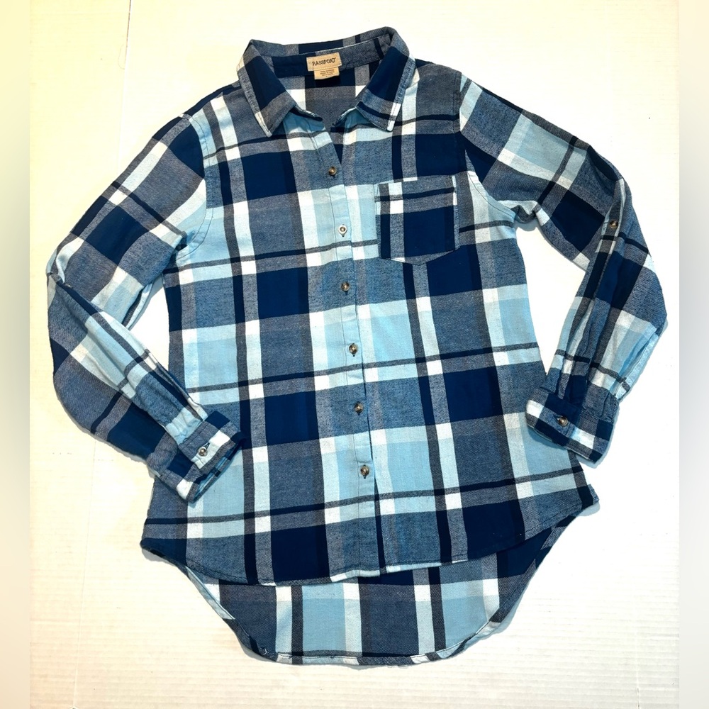 Passport Plaid Flannel Shirt Roll Tab Sleeve Blue Junior Size L or Womens Size S - Picture 9 of 9
